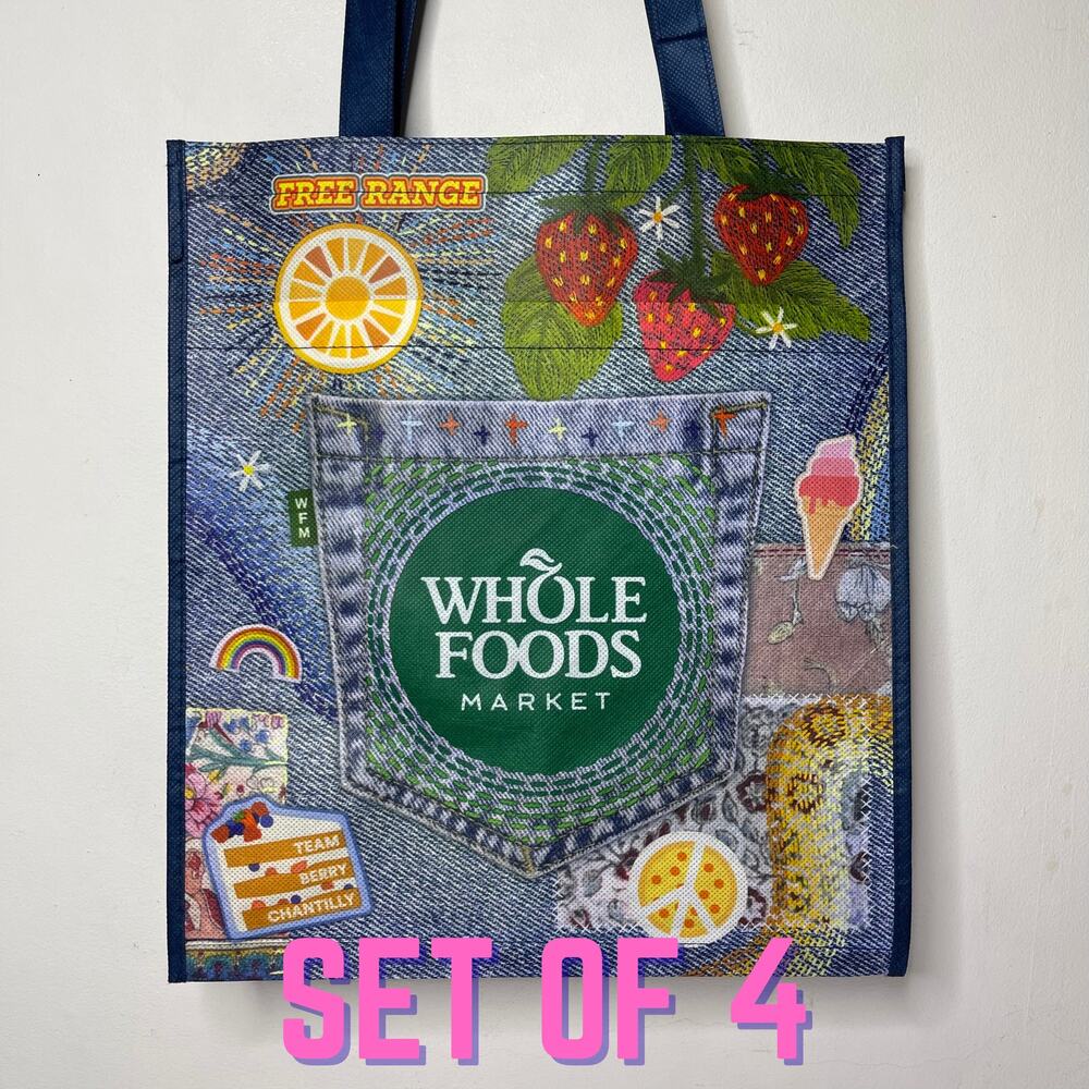 SET OF 4 Whole Foods Market Reusable Grocery Shopping Tote Bag Denim Pocket NEW!